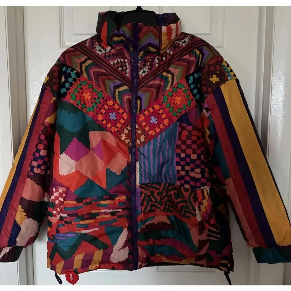 Farm Rio Women's XS Red Abstract Patches Reversible Full Zip Puffer Jacket NEW - Picture 3 of 16